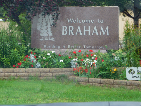 Welcome sign, Braham Minnesota, 2018