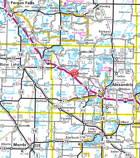 Minnesota State Highway Map of the Brandon Minnesota area