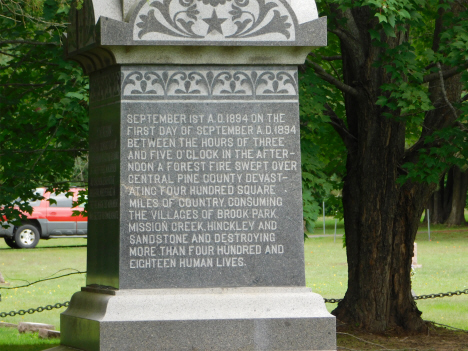 Inscription on 1894 Fire Memorial, Brook Park Minnesota, 2018