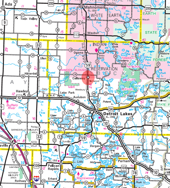 Minnesota State Highway Map of the Callaway Minnesota area 