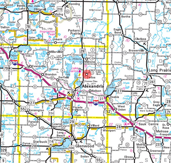 Minnesota State Highway Map of the Carlos Minnesota area
