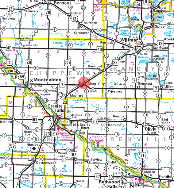 Minnesota State Highway Map of the Clara City Minnesota area 