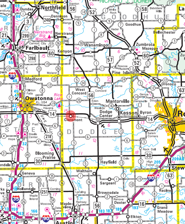 Minnesota State Highway Map of the Claremont Minnesota area