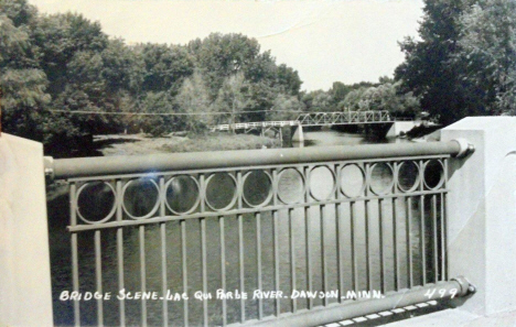 Bridge scene on Lac Qui Parle River, Dawson Minnesota, 1950's