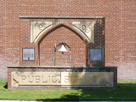 Arch, cornerstone and bell from old school, Dawson Minnesota, 2014