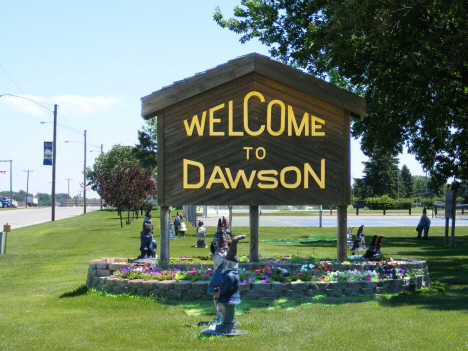 Welcome sign and gnomes, Dawson Minnesota, 2014