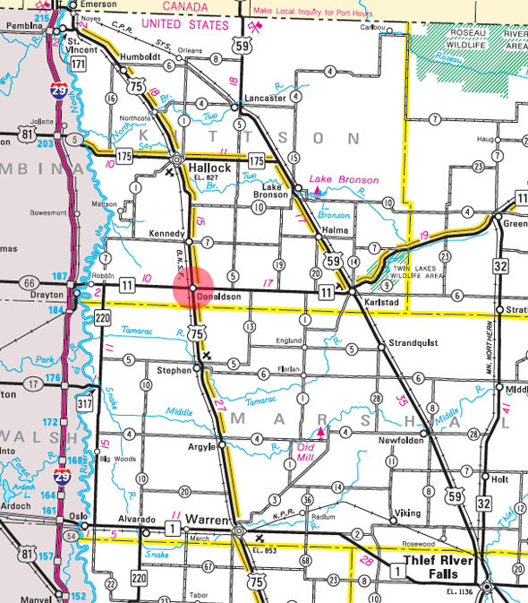 Minnesota Highway Map of the Donaldson Minnesota area