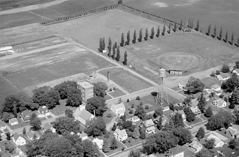 Aerial view School area, Hanska Minnesota, 1969
