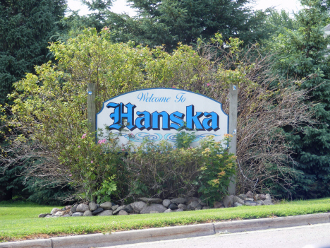 Welcome sign, Hanska Minnesota, 2014