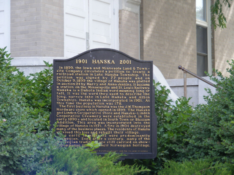 Historic marker in front of Liberal Union Hall, Hanska Minnesota, 2014