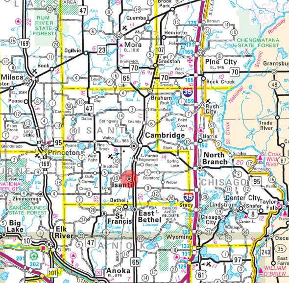 Minnesota State Highway Map of the Isanti Minnesota area