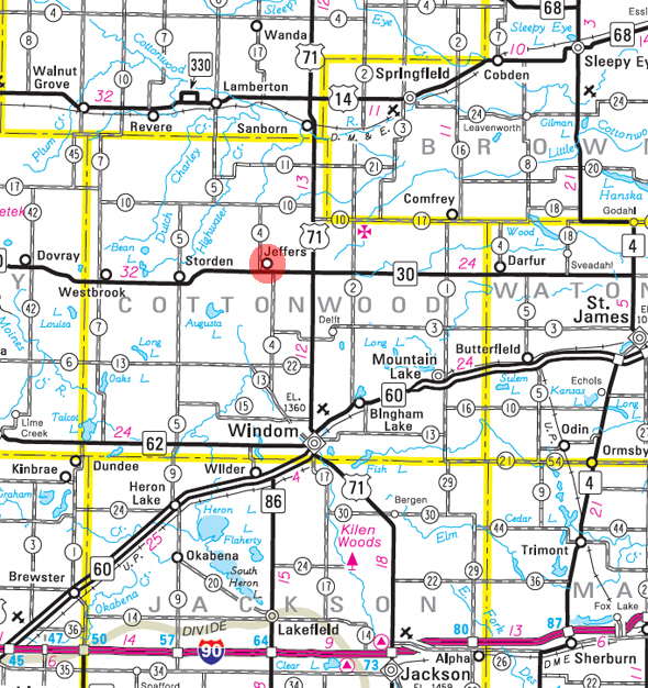 Minnesota State Highway Map of the Jeffers Minnesota area