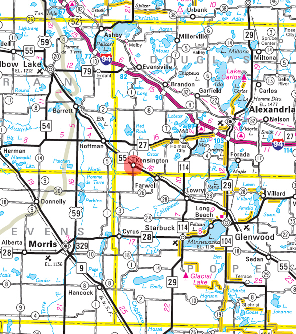 Minnesota State Highway Map of the Kensington Minnesota area