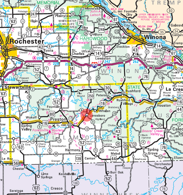 Minnesota State Highway Map of the Lanesboro Minnesota area 