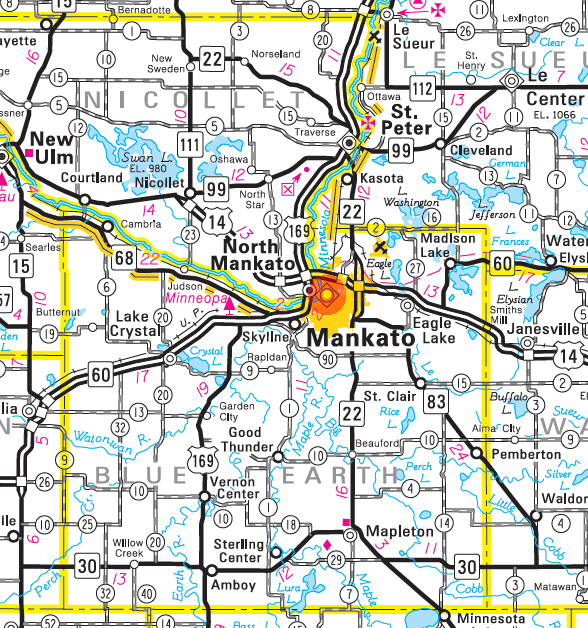 Minnesota State Highway Map of the Mankato Minnesota area 