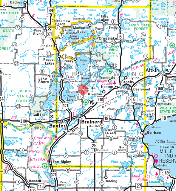 Minnesota State Highway Map of the Merrifield Minnesota area