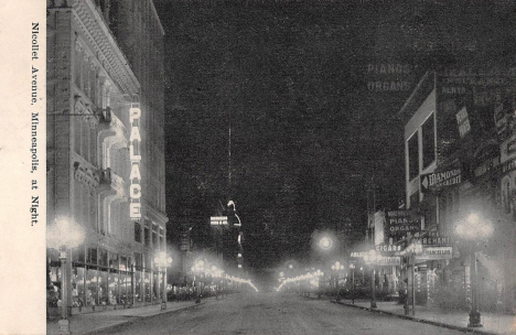 Nicollet Avenue at night, Minneapolis Minnesota, 1909