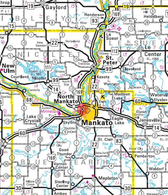 Minnesota State Highway Map of the North Mankato Minnesota area 