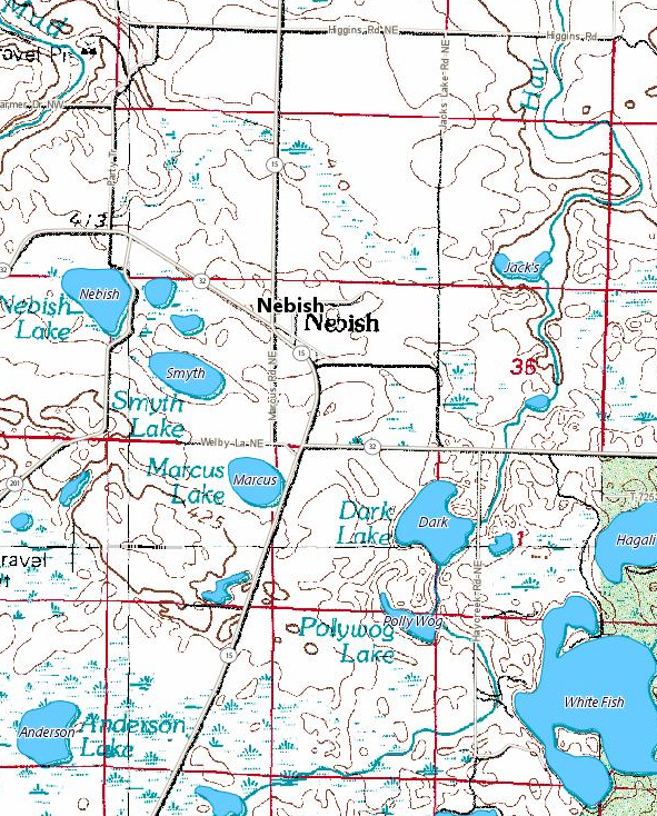 Topographic map of the Nebish Minnesota area