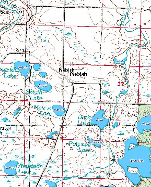 Topographic map of the Nebish Minnesota area