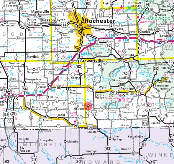 Minnesota State Highway Map of the Ostrander Minnesota area