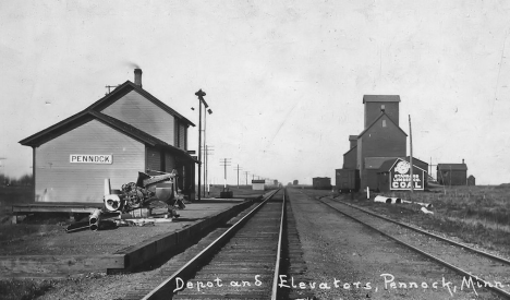 Great Northern depot and elevators, Pennock Minnesota, 1910's