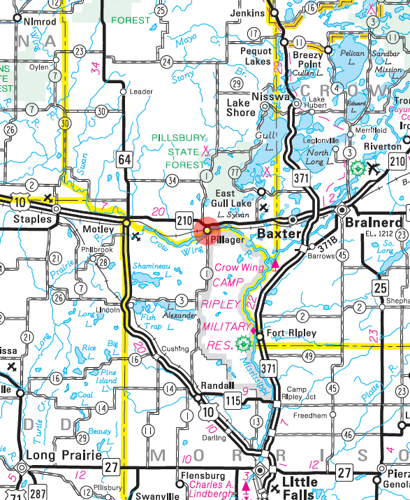 Minnesota State Highway Map of the Pillager Minnesota area 