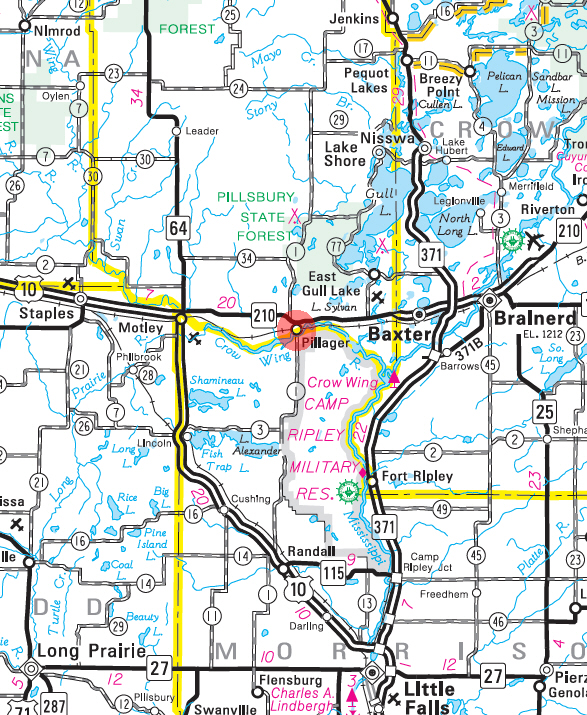Minnesota State Highway Map of the Pillager Minnesota area