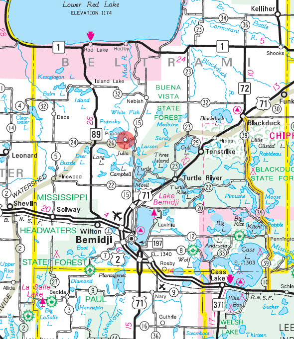 Minnesota State Highway Map of the Puposky Minnesota area