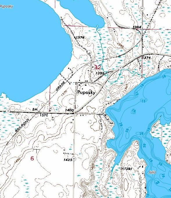 Topographic map of the Puposky Minnesota area