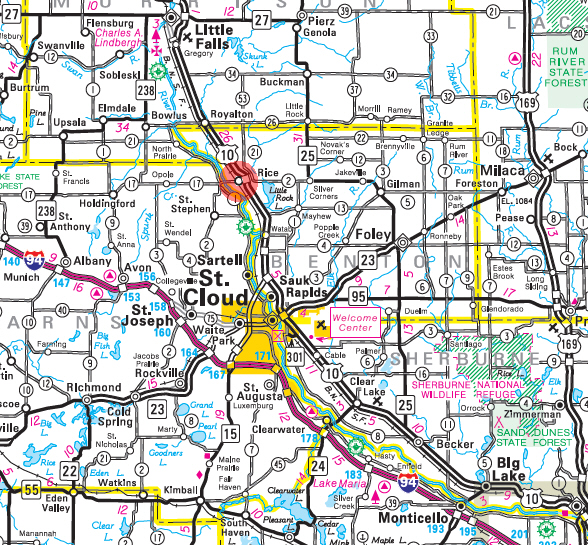 Minnesota State Highway Map of the Rice Minnesota area 