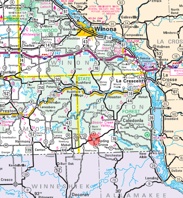 Minnesota State Highway Map of the Spring Grove Minnesota area 