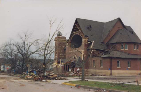 Photograph of a destroyed church after the St. Peter Tornado.