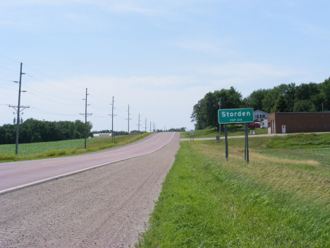 Population sign and city limits, Storden Minnesota, 2014