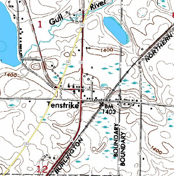 Topographic map of the Tenstrike Minnesota area
