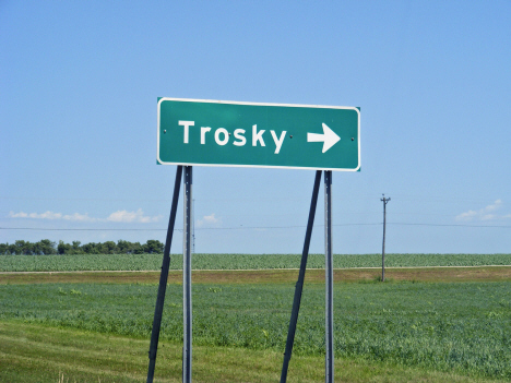 Trosky highway sign on US Highway 75, Trosky Minnesota, 2014