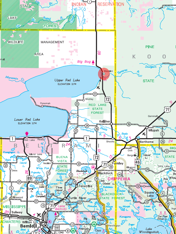 Minnesota State Highway Map of the Waskish Minnesota area 