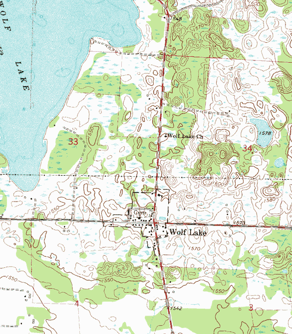 Topographic map of the Wolf Lake Minnesota area