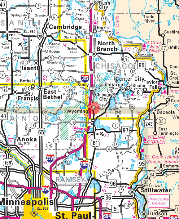 Minnesota State Highway Map of the Wyoming Minnesota area