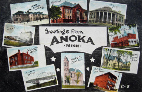 Greetings from Anoka, multiple scenes, Anoka Minnesota, 1910
