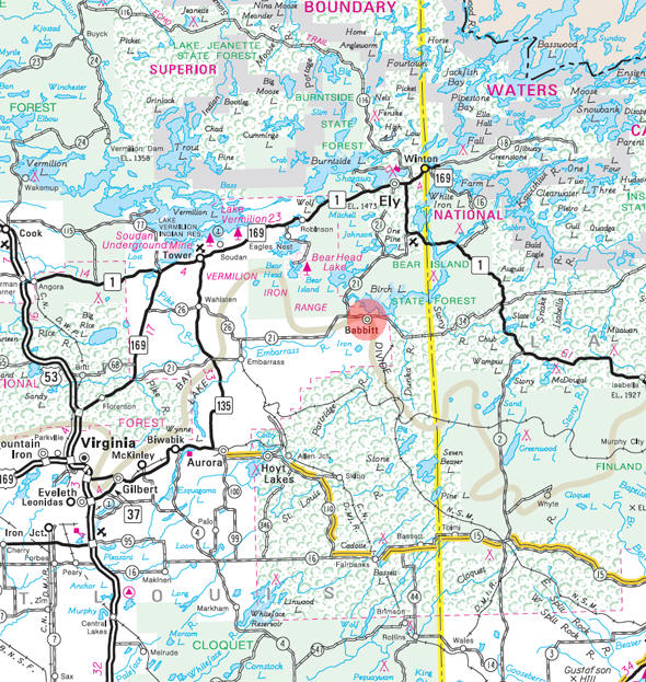 Minnesota State Highway Map of the Babbitt Minnesota area