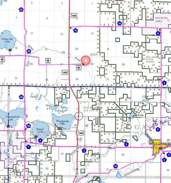 Aitkin County Map showing the location of Bain Minnesota