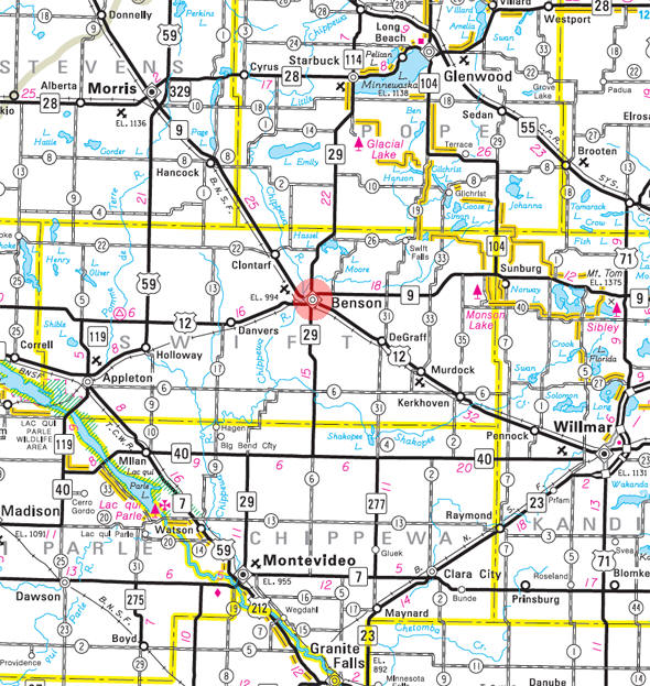 Minnesota State Highway Map of the Benson Minnesota area 