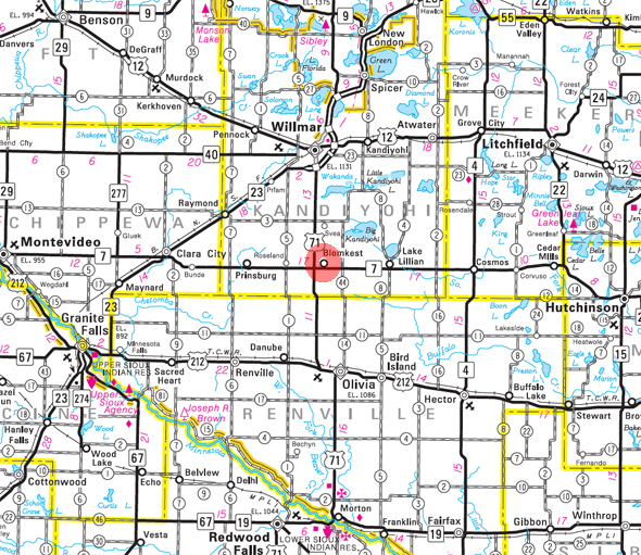 Minnesota State Highway Map of the Blomkest Minnesota area 