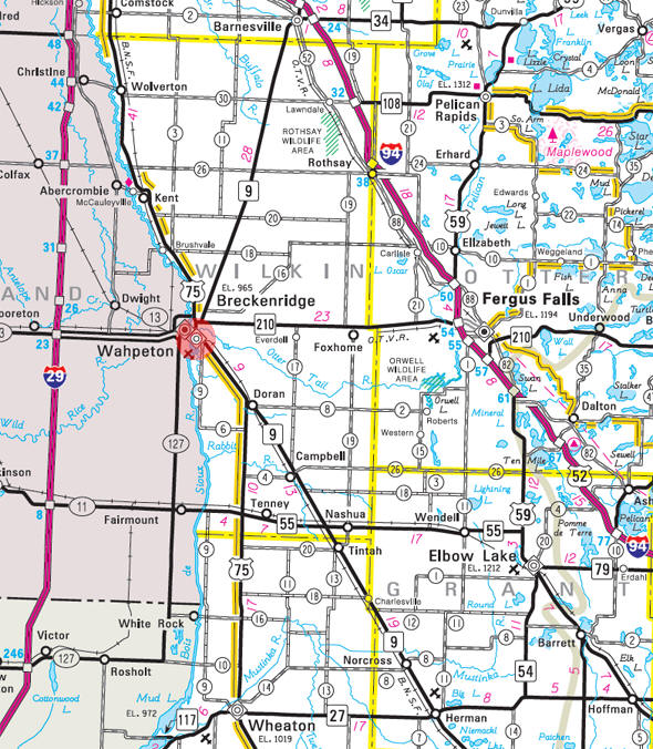 Minnesota State Highway Map of the Breckenridge Minnesota area 