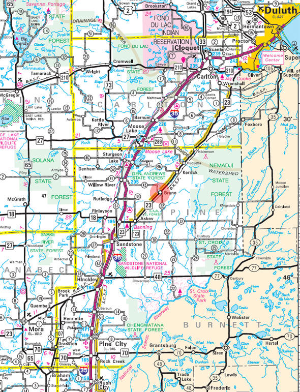 Minnesota State Highway Map of the Bruno Minnesota area