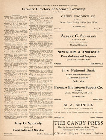 Farmers Directory of Norman Township, Yellow Medicine County, Minnesota, 1929
