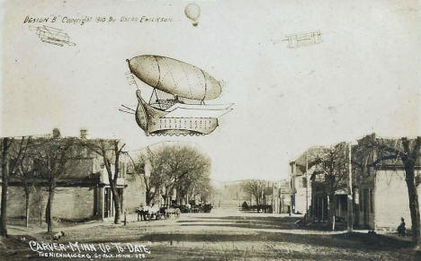 Street scene with dirigibles superimposed, Carver Minnesota, 1910