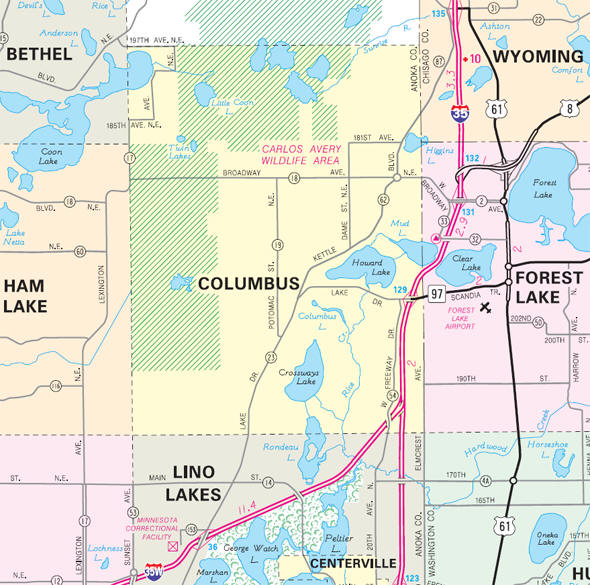 Minnesota State Highway Map of the Columbus Minnesota area
