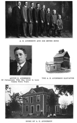 Anton E. Anderson, his sons, home and elevator, Cottonwood Minnesota, 1912